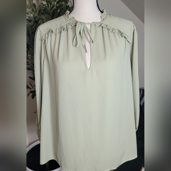 Loft Pastel Green Blouse. Elastic cuff. V neck w ruffle & tie on neck. Medium. - Picture 1 of 4